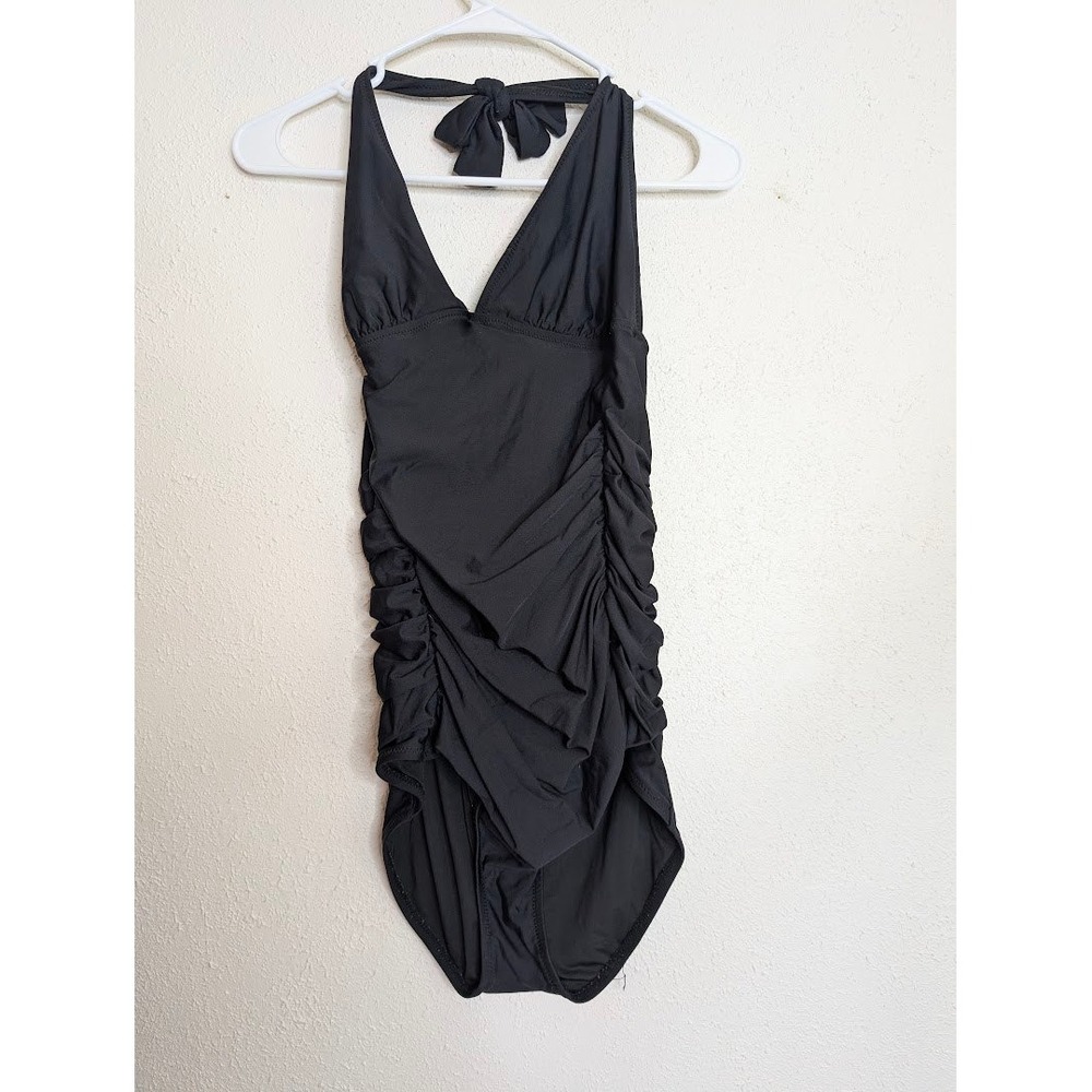 J Crew Women One Piece Swimsuit 12 Black Halter Ruched V-Neck Swimwear Vacation